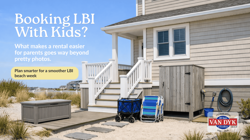 Family-friendly Long Beach Island vacation rental exterior with outdoor shower, beach wagon, chairs, and easy beach-access setup for parents traveling with kids