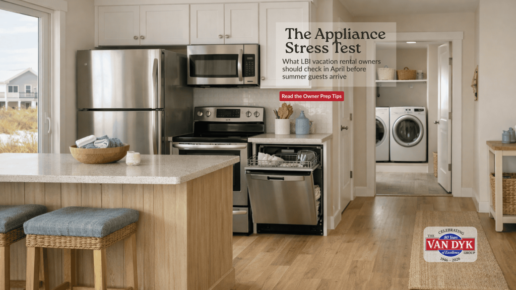 Bright coastal LBI vacation rental kitchen and laundry area with refrigerator, microwave, open dishwasher, and washer-dryer, promoting an April appliance stress test for rental owners before summer guests arrive.