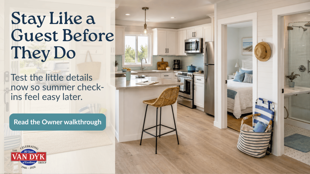Long Beach Island vacation rental interior with kitchen, bedroom, bath, parking view, and beach gear ready for a May owner walkthrough.