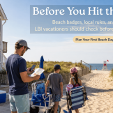 Long Beach Island vacationers preparing for a beach day near a dune access path with beach badges, rules, and gear in mind.