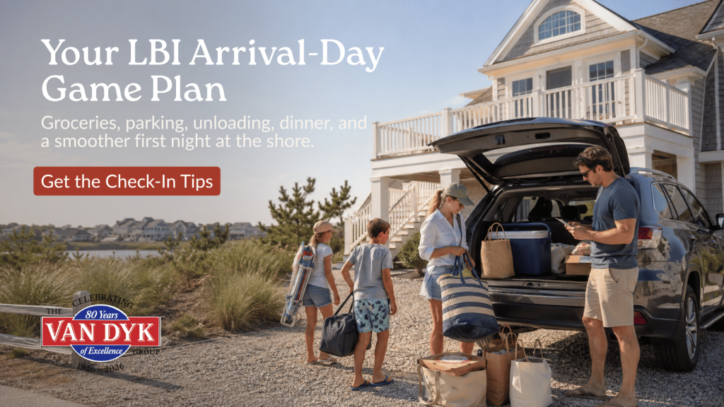 LBI vacationers unloading groceries, beach gear, and luggage at a shore rental on check-in day.
