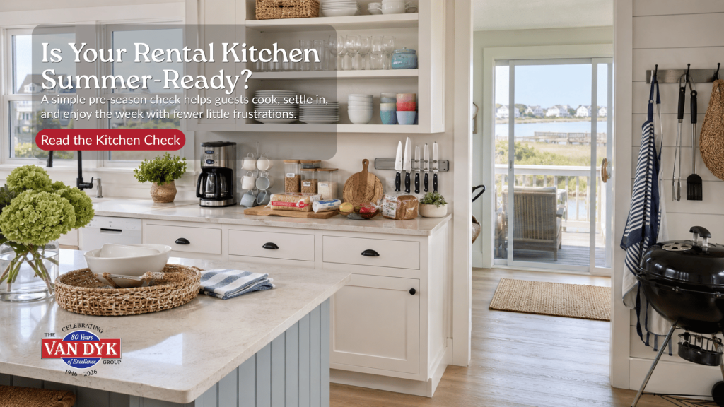 Organized Long Beach Island vacation rental kitchen prepared for summer guests with coffee setup, dishware, grilling tools, and coastal views.