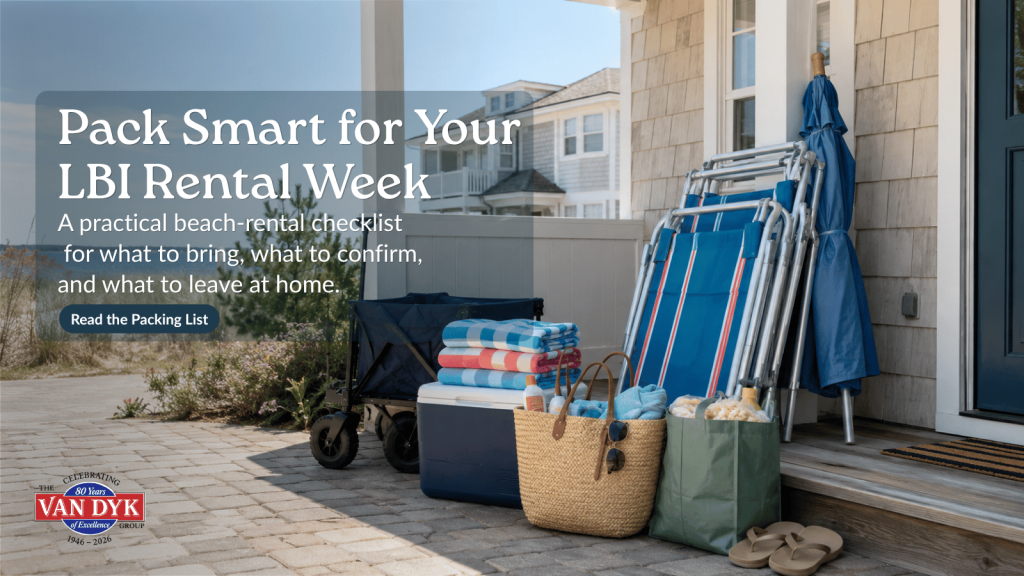 Practical LBI rental packing list with beach chairs, towels, cooler, tote bags, and vacation essentials outside a shore rental home