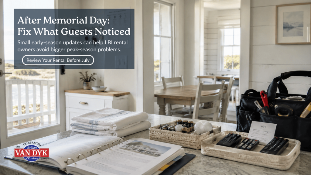 LBI vacation rental owner checklist with towels, remotes, Wi-Fi instructions, and repair tools before peak summer season