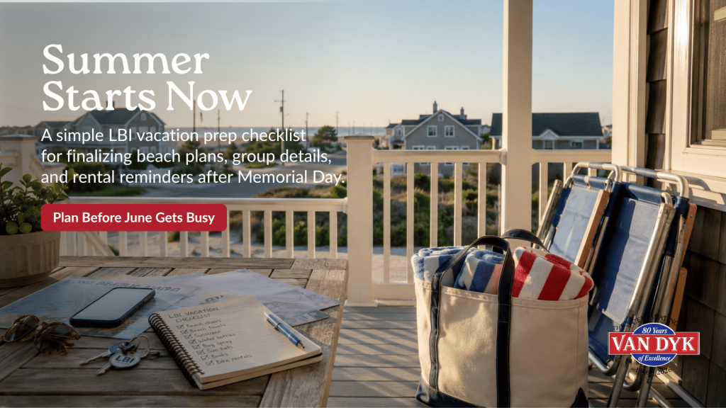 LBI vacation prep checklist on a shore rental deck with beach chairs, towels, and summer planning items after Memorial Day