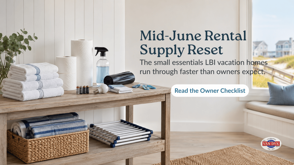 LBI rental supply reset with towels, paper goods, cleaning items, batteries, and beach essentials in a coastal vacation home.