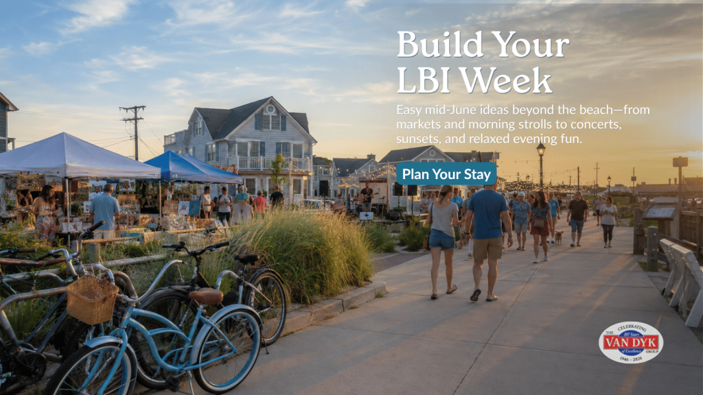 Mid June LBI week with vacationers enjoying a market, bikes, music, and evening strolls beyond the beach.