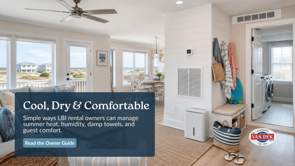 LBI vacation rental living room with AC vent, dehumidifier, beach towels, and summer comfort features