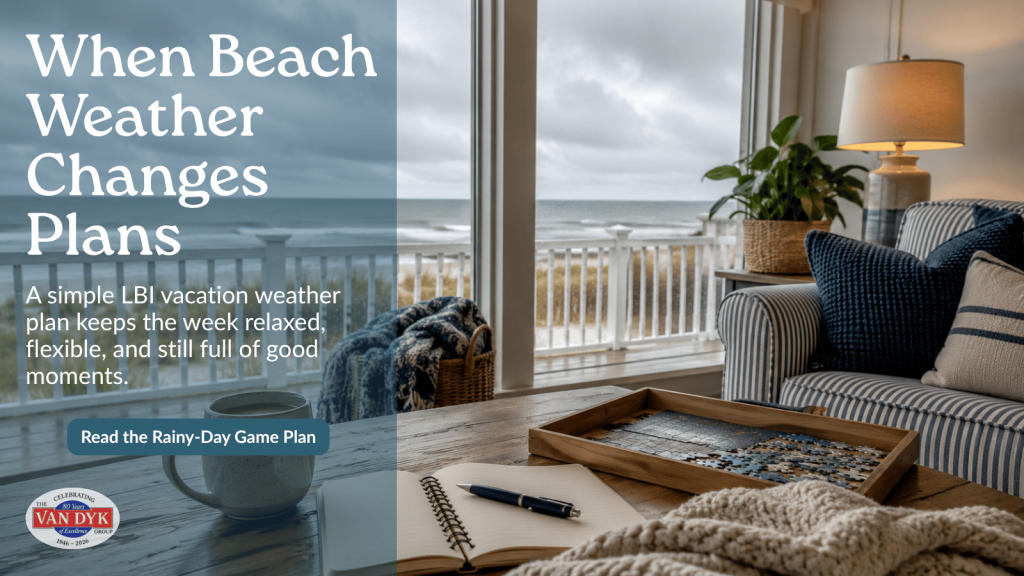 Cozy LBI vacation rental interior with ocean view, rainy beach weather, coffee, puzzle, and relaxed indoor beach-week activities.