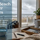 Cozy LBI vacation rental interior with ocean view, rainy beach weather, coffee, puzzle, and relaxed indoor beach-week activities.