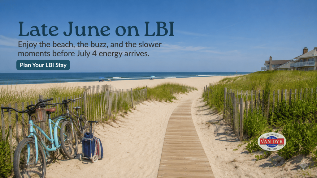 Late June LBI vacation beach path with bikes, dunes, ocean views, and coastal homes near the shoreline.