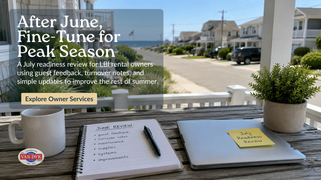 LBI rental performance review with June notes, laptop, and coastal porch view for vacation rental owners preparing for peak season.
