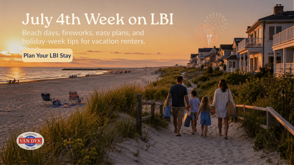 July 4th week on LBI with vacation renters walking to the beach at sunset as fireworks light up the shore.
