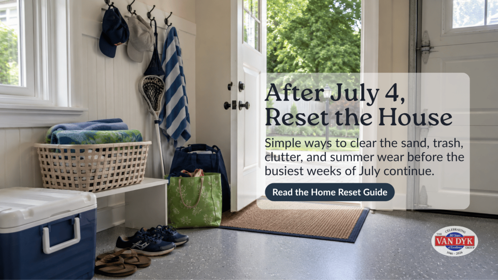 Inland LBI Region mudroom with summer towels, cooler, shoes, and sports gear after July 4 weekend