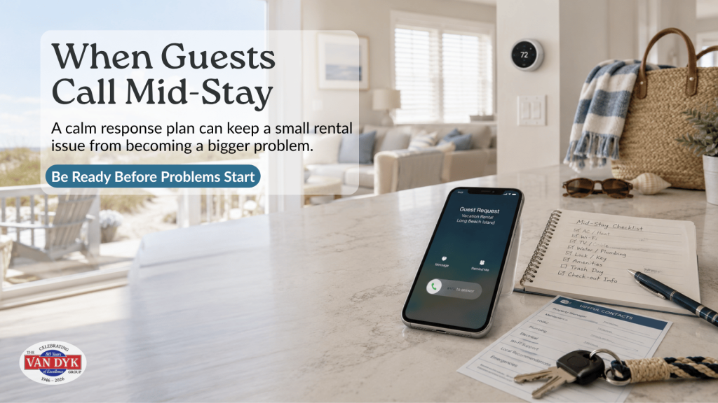 Phone and rental maintenance checklist inside a bright Long Beach Island vacation home for handling mid-stay guest support calls.