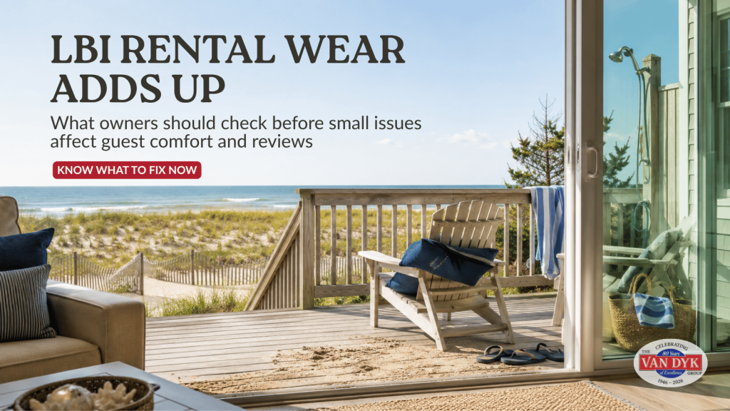 Late-July LBI vacation rental deck showing sand, outdoor seating, a sliding door, and signs of midseason wear