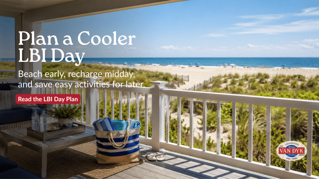 LBI rental porch overlooking beach dunes and the Atlantic Ocean on a hot summer day