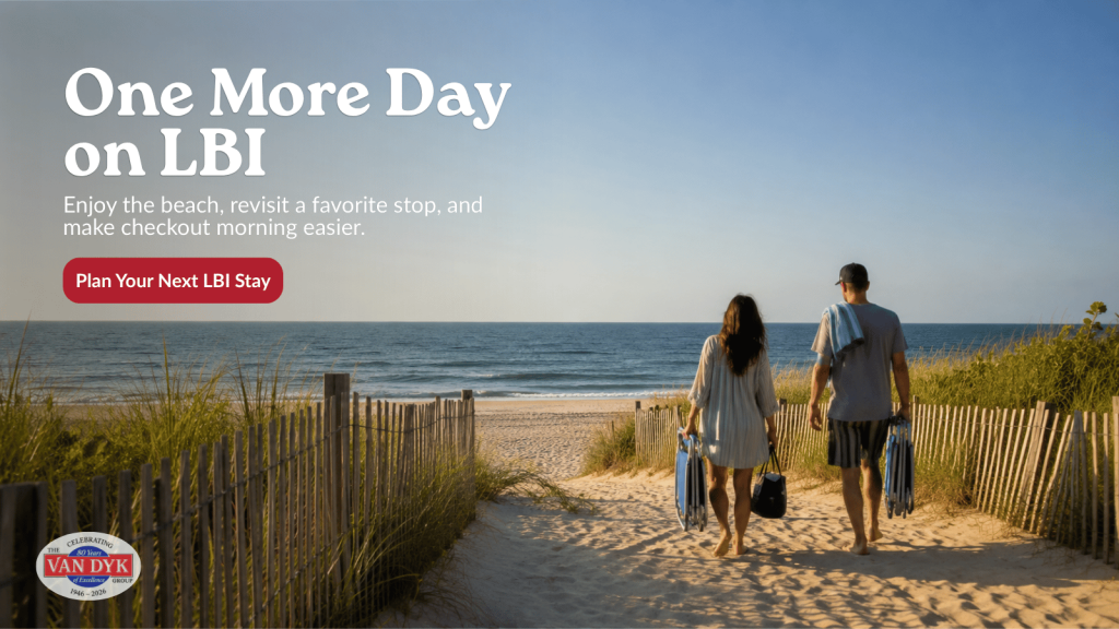 Family walking to an LBI beach for one final visit before vacation rental checkout