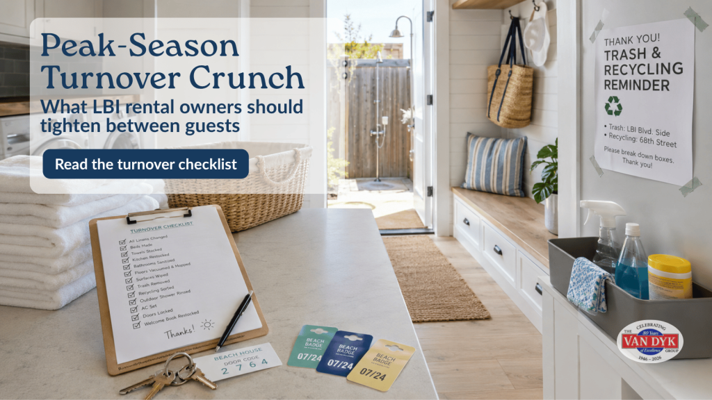 LBI rental turnover checklist with towels, beach badges, cleaning supplies, and entry details for July vacation guests