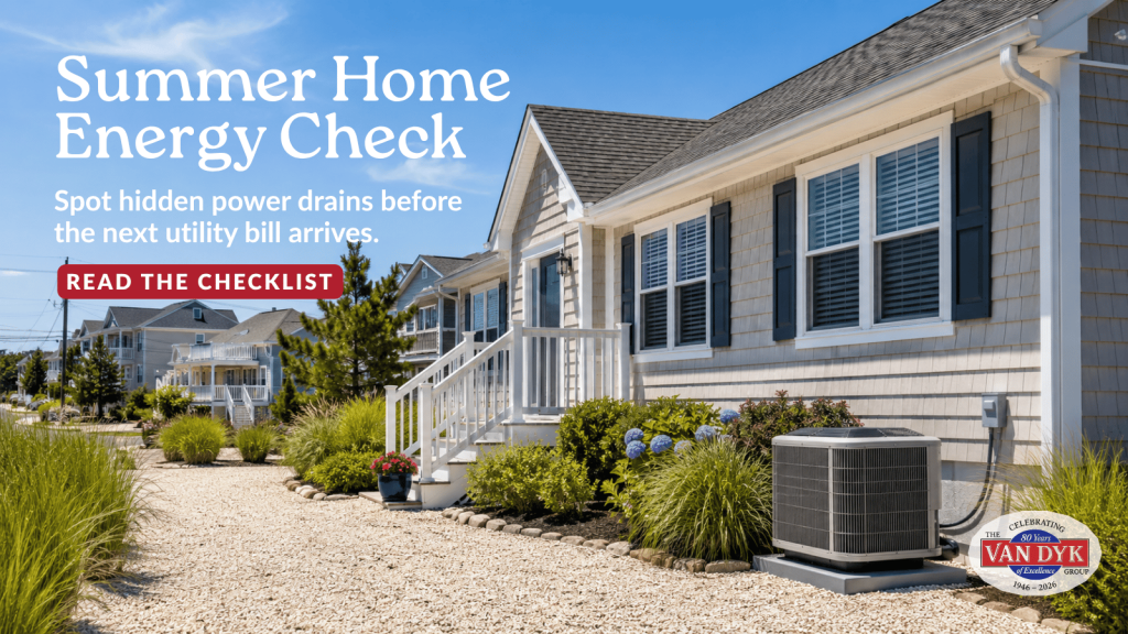 Summer home energy check for a coastal-style LBI Region house with an outdoor air-conditioning unit on a sunny August day