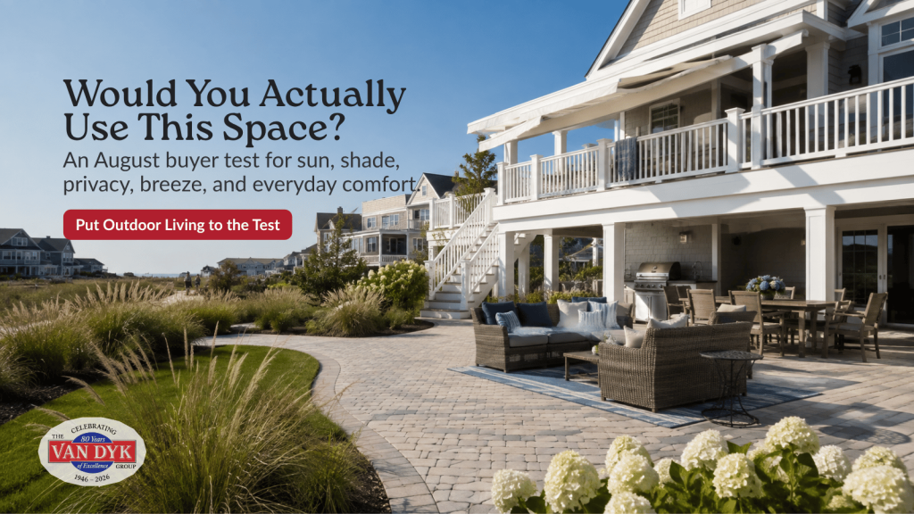 LBI Region coastal home with shaded patio and sunny outdoor living space during August