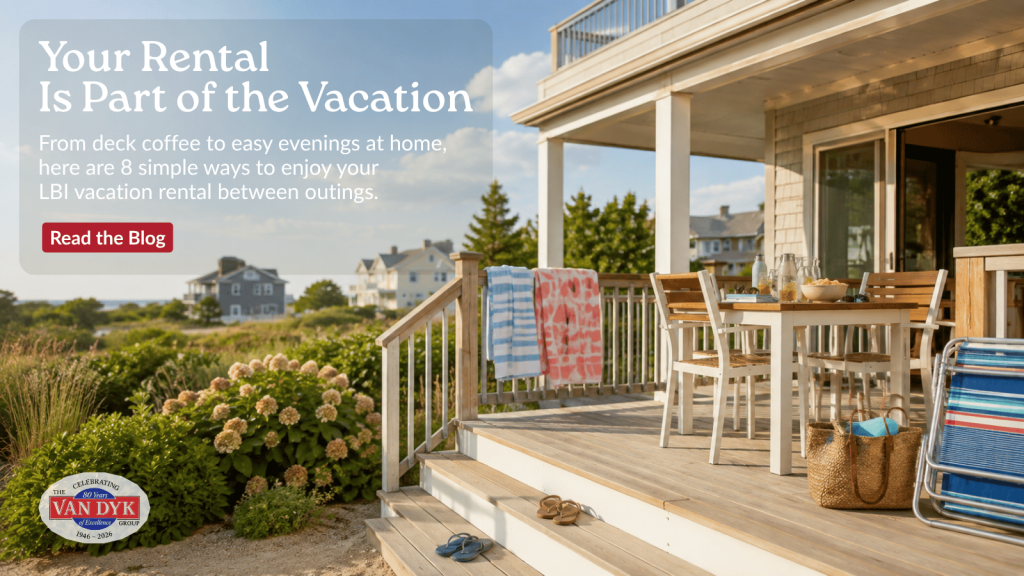 Late-August Long Beach Island vacation rental deck with beach towels, chairs, drinks, and outdoor seating after a beach day.