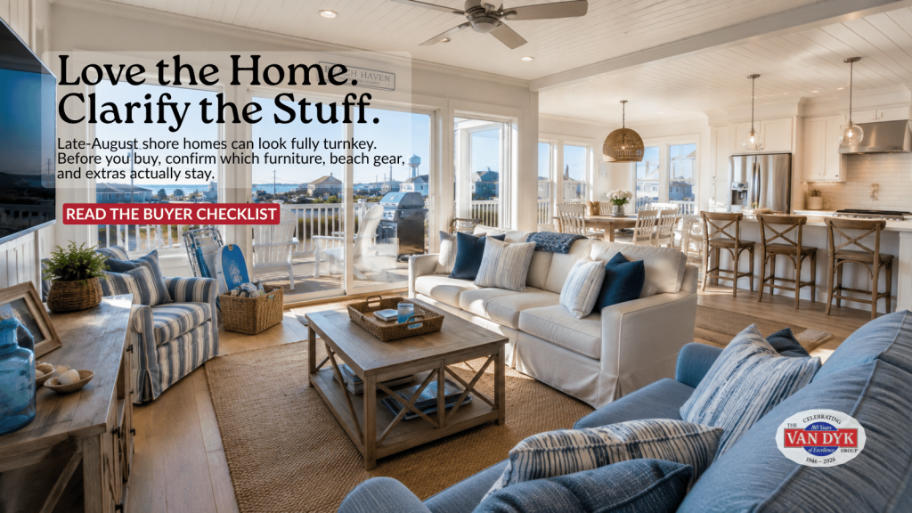 Open-plan furnished Long Beach Island shore home with living room, dining area, kitchen, and deck seating in late summer