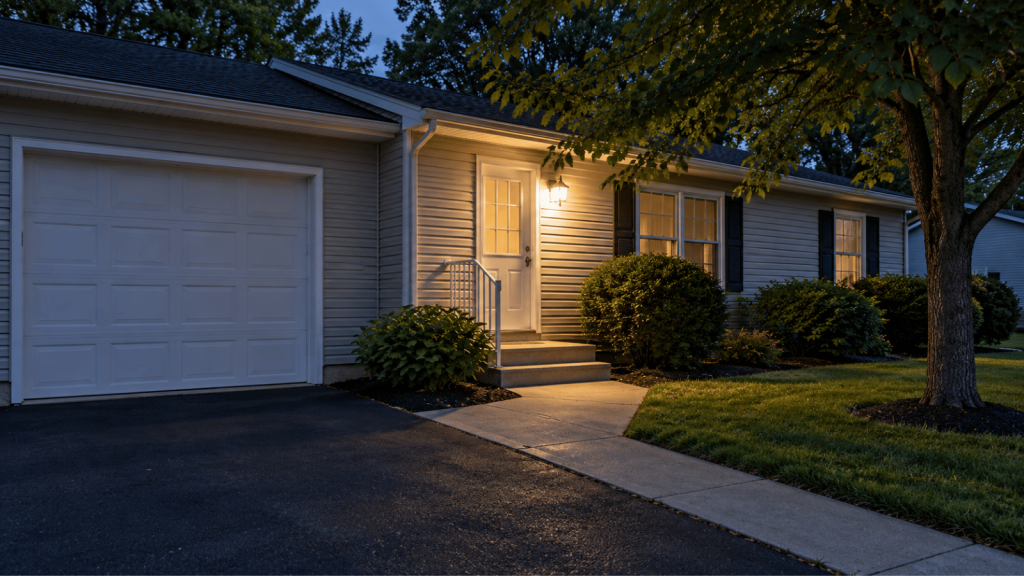 Ranch home after sunset with an asphalt driveway, concrete walkway, entrance steps, and a porch light beneath mature trees.
