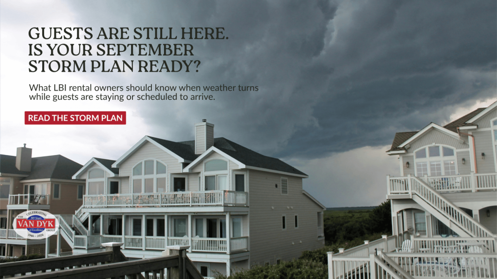 Storm clouds gather over coastal rental homes on Long Beach Island as September weather shifts.