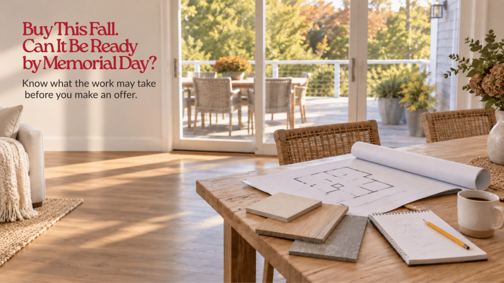 Floor plan, measuring tape, and material samples on a table for an LBI renovation project timeline.