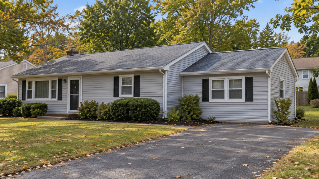 Light-gray ranch with an attached wing, asphalt driveway, and early fall trees in a fictional mainland New Jersey neighborhood.