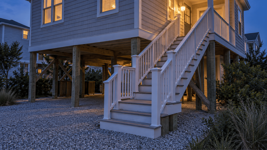 Exterior stairs with white railings beside gravel parking beneath an elevated coastal home after sunset.