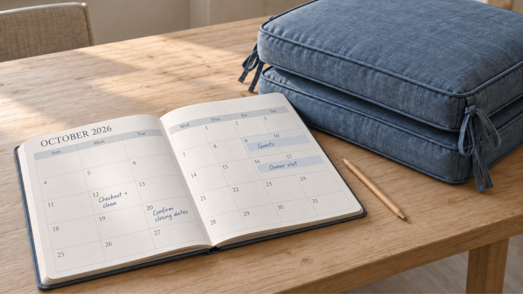 October rental calendar with guest stays, owner visits, cleaning and closing notes beside stacked blue outdoor seat cushions.