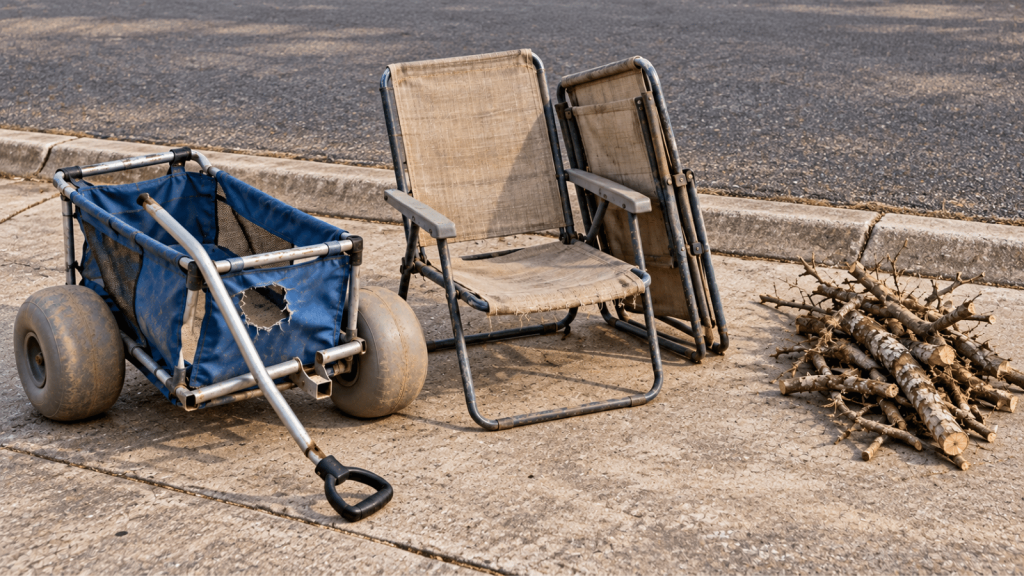A damaged blue beach cart, two worn beige folding chairs, and a separate pile of branches sit on concrete beside a curb and asphalt street.