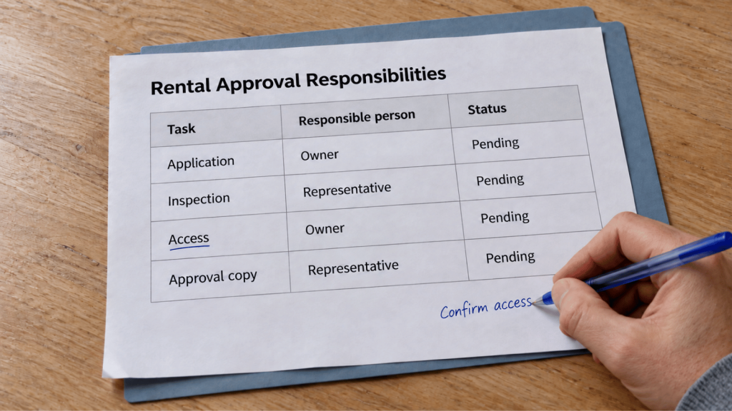 Hand writing “Confirm access” on an LBI rental approval planning sheet with tasks assigned to an owner or representative.
