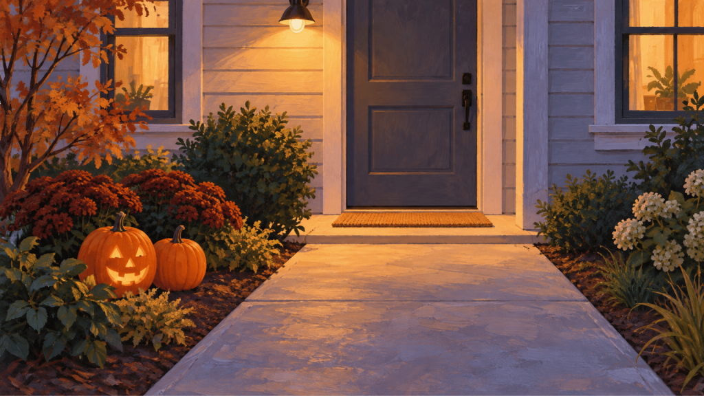 Painted illustration of a porch-lit front entrance at dusk, with a clear walkway and two orange pumpkins in the planting bed beside it.