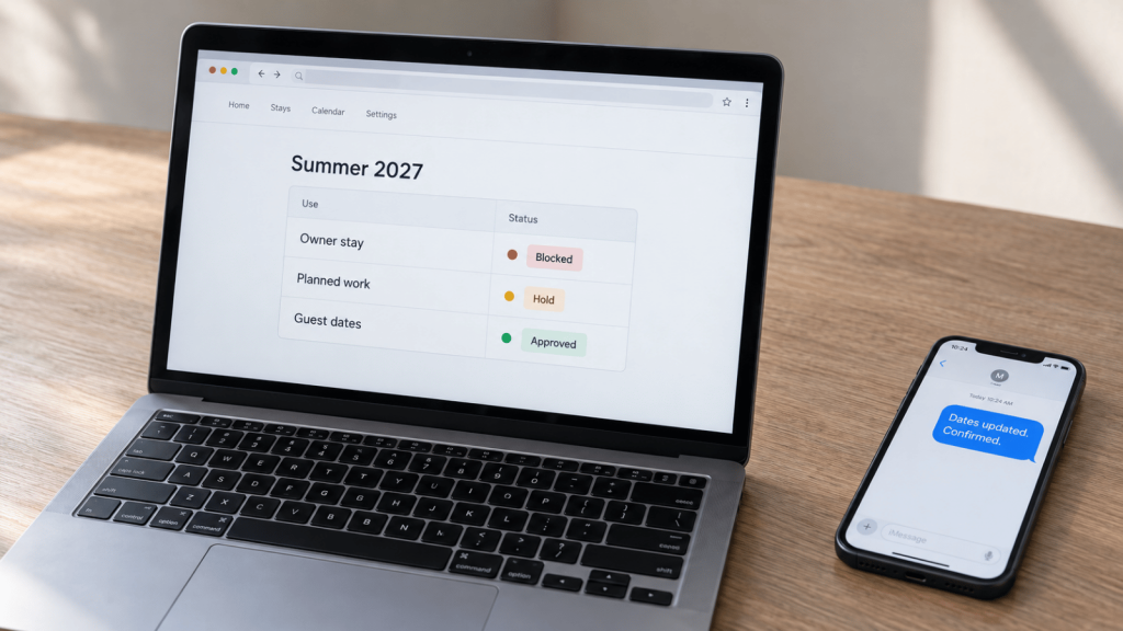 Laptop on a wooden desk displaying Summer 2027 availability statuses beside a phone showing “Dates updated. Confirmed.”